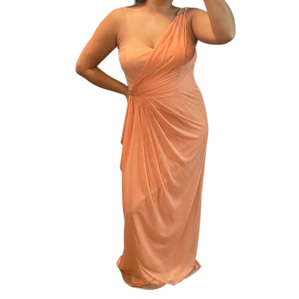 Xscape‎ Peachy Orange On should Draped Embellished Gown